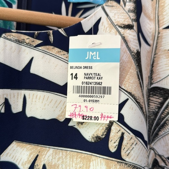 J McLaughlin Belinda Parrot Kay Navy and Teal Sheath Dress NWT Size 14 - Picture 3 of 9
